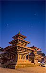 Orion in sky at dawn above triple roofed pagoda temple in foreground and Indrapur temple to the right, Durbar Square, Kathmandu, UNESCO World Heritage Site, Nepal, Asia