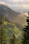 Vue depuis la Rossfeld Panoramastrasse (Rossfeldhoehenringstrasse ou route panoramique) au crépuscule, Berchtesgaden, Bavière, Allemagne, Europe