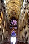 Stained glass rose window viewed from the nave, Notre-Dame Cathedral, UNESCO World Heritage Site, Reims, Marne, Champagne-Ardenne, France, Europe