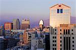 Elevated view of the central city skyline at dusk, Santiago, Chile, South America