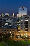 Elevated view of the central city skyline at dusk, Santiago, Chile, South America