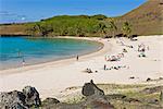 Anakena beach, the Island's white sand beach fringed by palm trees, Rapa Nui (Easter Island), Chile, South America