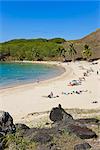 Anakena beach, the Island's white sand beach fringed by palm trees, Rapa Nui (Easter Island), Chile, South America