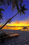 Liegestuhl am tropischen Strand von Palme bei Dämmerung und Blue Heron, Malediven, Indischer Ozean, Asien