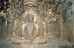 Statue of Mahavira, founder of the Jain religion in the Indra Sabha, Cave 32, in Jain section of the cave temples of Ellora, UNESCO World Heritage Site, Maharashtra, India, Asia