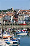 Boats in harbour and seafront, Scarborough, Yorkshire, England, United Kingdom, Europe