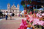 The Church of Virgin de los Dolores and flower stall, Tegucigalpa, Honduras, Central America