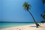 Touristes sur la plage tropicale à West Bay, à l'extrémité ouest de Roatan, la plus grande des îles de la baie en Honduras, Caraïbes, Amérique centrale