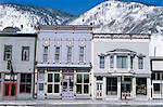 Colourful shop fronts on Greene Street in Old West style mining town of Silverton in the San Juan Range of the Rocky Mountains, Silverton, Colorado, United States of America (U.S.A.), North America