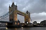 Tower Bridge, London, 1886 - 1894. Overall at dusk. Architect: Horace Jones