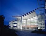 Office Refurbishment, Stockley Park London. Main entrance area at dusk. Refurbishment EPR Architects