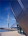 Glasgow Science Centre, Scotland. Tower with Imax in foreground. Architect: Building Design Partnership