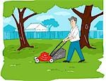 Illustration of Man Mowing the Lawn