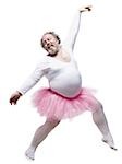 Overweight man in ballerina tutu smiling and dancing