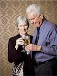 Portrait d'un couple de personnes âgées tenant des verres de vin