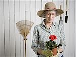 Porträt eine ältere Frau hält eine angegossene Blume Pflanze