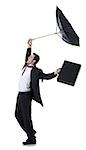 Voir le profil:: un homme d'affaires, tenir un parapluie et le saut