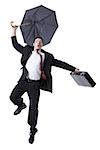 Portrait of a businessman holding an umbrella and jumping