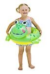 Young girl with inflatable flotation device around waist