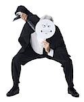 Businessman holding a determined face mask