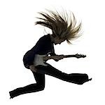 Side profile silhouette of woman jumping with electric guitar