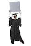 Woman in graduation gown and Blank Sign with blank sign