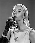 1960s ELEGANT PORTRAIT BLOND IN GOWN & LONG BLACK GLOVES SIPPING CHAMPAGNE