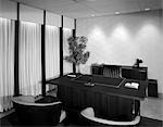 1960s EMPTY OFFICE INTERIOR WITH SMALL TREE ROMAN STATUE & 2 GUEST CHAIRS WITH WOOD VENEER ON BACK