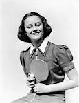 1940s SMILING TEEN GIRL HOLDING PING PONG BALL AND PADDLE