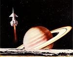 1960s FANTASY SPACECRAFT LIFTOFF FROM MOON OF PLANET SATURN SCI-FI SCIENCE FICTION SPACE TRAVEL