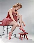 1960s TEEN GIRL WOMAN RED VELVET COSTUME PINK NET TUTU FOOT STOOL TIE BALLET SLIPPER SHOE FISHNET STOCKINGS