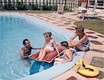 1960s 1970s RETRO FAMILY FATHER MOTHER SON DAUGHTER MAN WOMAN BOY GIRL TOGETHER IN BACKYARD SWIMMING POOL SMILING