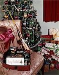 1960s CHRISTMAS TREE WITH PRESENTS FISHING POLE REEL TACKLE BOX CREEL INDOOR STUDIO COLORFUL DECORATIONS HOBBY