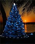 1970s BLUE CHRISTMAS TREE WITH LIGHTS ON TROPICAL BEACH AT SUNSET TACKY RETRO VINTAGE