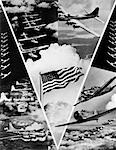 1940s WORLD WAR II VICTORY IN THE AIR MONTAGE IN SHAPE OF V WITH AMERICAN FLAG IN CENTER OF AVIATION MOTIF OF MILITARY AIRPLANES