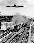 1930s 1940s THREE FORMS OF TRANSPORTATION MAN WALKING BY TRAIN TRACKS 4MPH LOCOMOTIVE 40MPH AIRPLANE ABOVE 200MPH FASTER PROGRESS