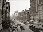 1930's OVERHEAD SIXTH AVENUE, HIPPODROME THEATRE CAR and PEDESTRIAN TRAFFIC WORKERS DIGGING SUBWAY TIMES SQUARE CAR & PEDESTRIAN TRAFFIC WORKERS DIGGING SUBWAY