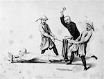 DRAWING OF CHINESE RACK TORTURE MAN LYING DOWN HANDS & LEGS IN GRIPS WHILE 3 MEN TORTURE HIM VIOLENCE AGONY CAPITAL PUNISHMENT