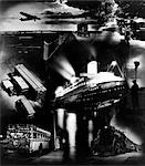 1930s MONTAGE OF TRANSPORTATION IMAGES AIRPLANE RAILROAD TRAIN BUS TRUCK AUTOMOBILE OCEAN LINER