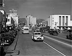 1940s STREET SCENE CARS BUS VIEW DOWN VINE STREET NEAR SUNSET BOULEVARD HOLLYWOOD LOS ANGELES NBC STUDIO THE BROADWAY HOTEL