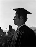 1960s PROFILE OF MALE GRADUATE WITH CAMPUS BUILDINGS IN BACKGROUND