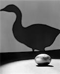 1930s 1940s STILL LIFE OF GOLDEN EGG IN SPOTLIGHT IN FOREGROUND WITH SILHOUETTE OF GOOSE ON WALL IN BACKGROUND