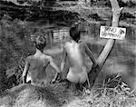 1930s TWO BOYS NEAR LAKE UNDER NO SWIMMING SIGN READY TO GO SKINNY DIPPING