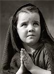 1930s 1940s SAD LITTLE GIRL SHAWL OVER HAIR HANDS PRAYING