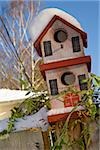 Bird house perched on a fence during winter