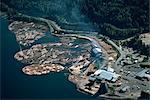 Luftbild der Protokolle im Fluss neben einem Sägewerk in British Columbia, Kanada, Nordamerika