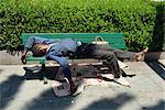 Sleeping on bench, Union Square area, San Francisco, California, United States of America, North America