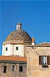 Majolica tiled cupola of Jesuit church of San Michele dating from the 17th century, Old Town, Alghero, Nurra province, Sardinia, Italy, Europe