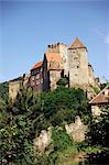 Burg médiéval (château) au-dessus de la rivière Thaya et forêts de la frontière tchèque, Hardegg, Basse-Autriche, Autriche, Europe