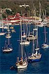Moored sailing boats in Gustavia Harbour, St. Barthelemy (St. Barts), Leeward Islands, West Indies, Caribbean, Central America